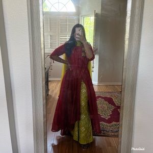 Red and green plazo suit set